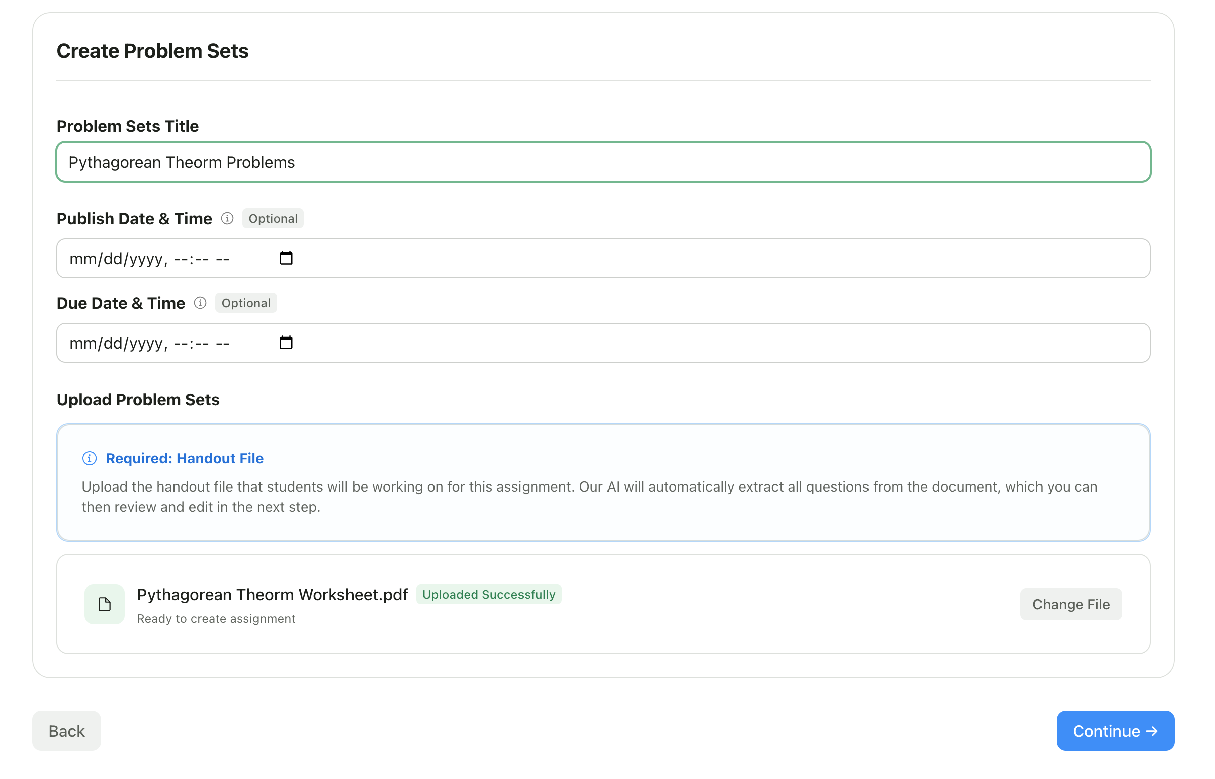 PDF upload area with uploaded file