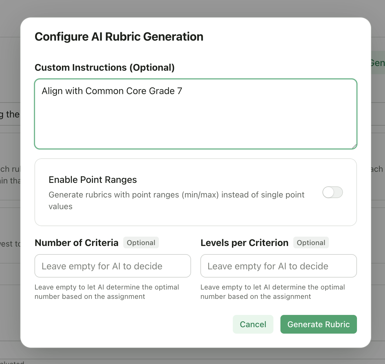 AI rubric generation dialog with options