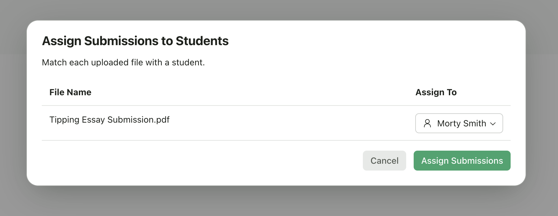 Assign submissions to students dialog