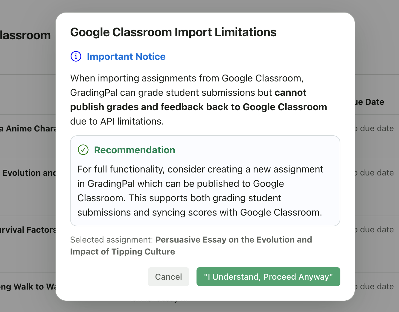 Import limitation warning dialog