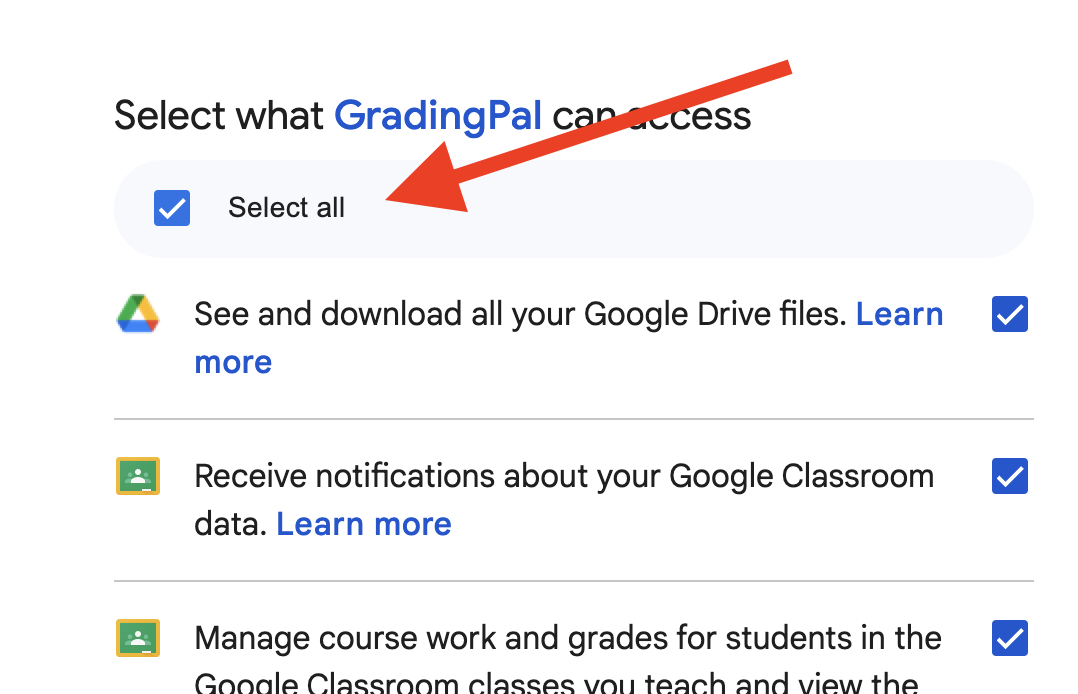 Google OAuth screen with Select All highlighted