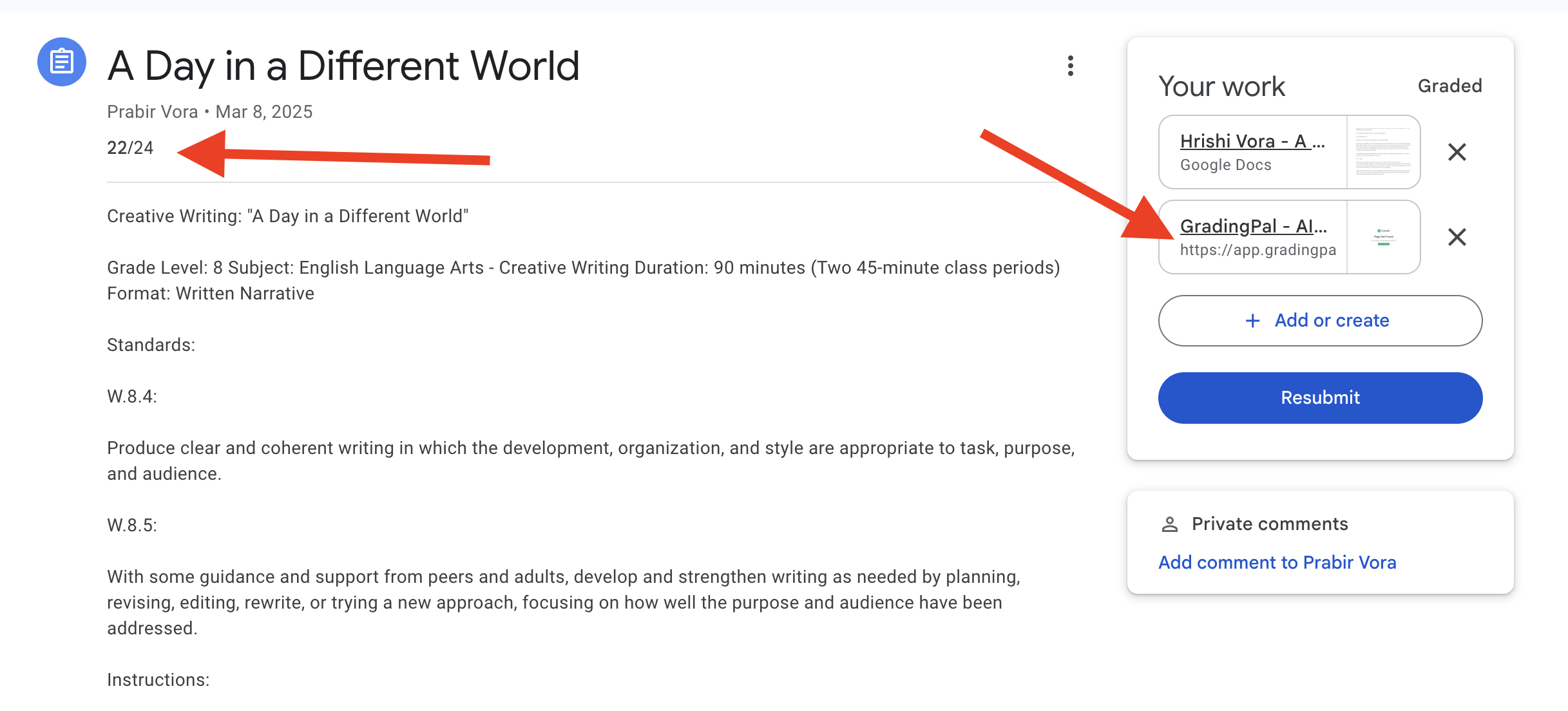 Returned submission for Student on Google classroom