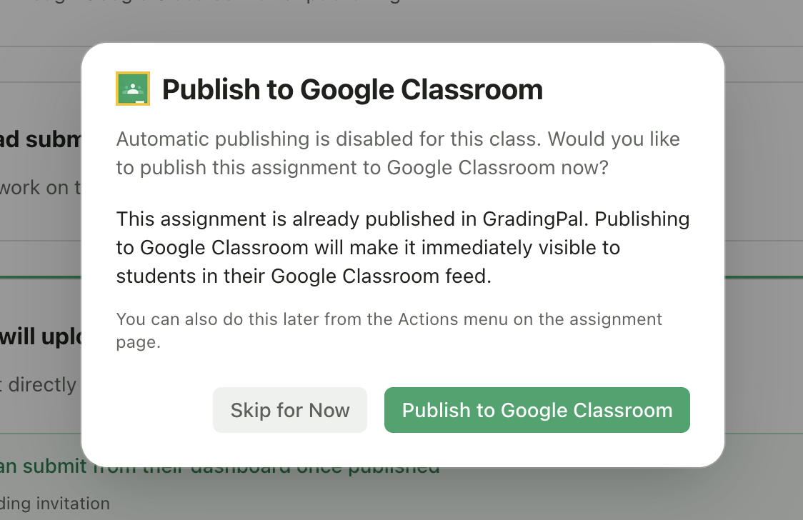 Publish to Google Classroom dialog in wizard