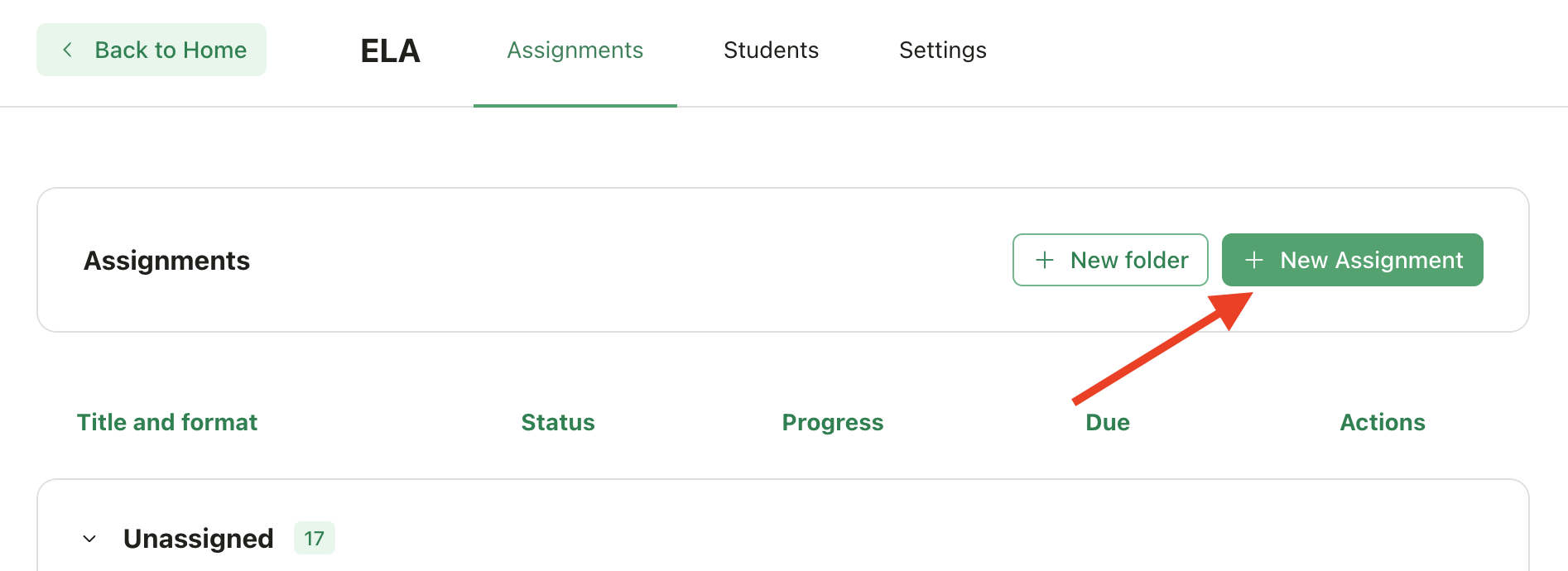 Screenshot showing New Assignment button