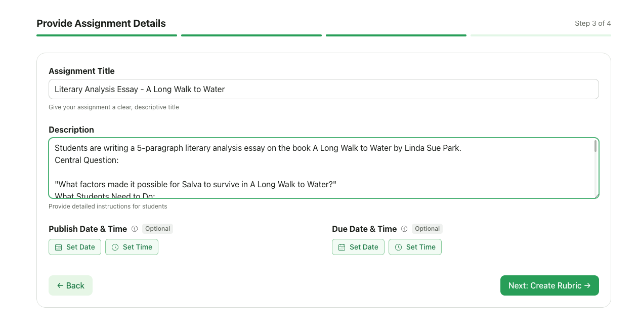 Screenshot showing form for assignment details