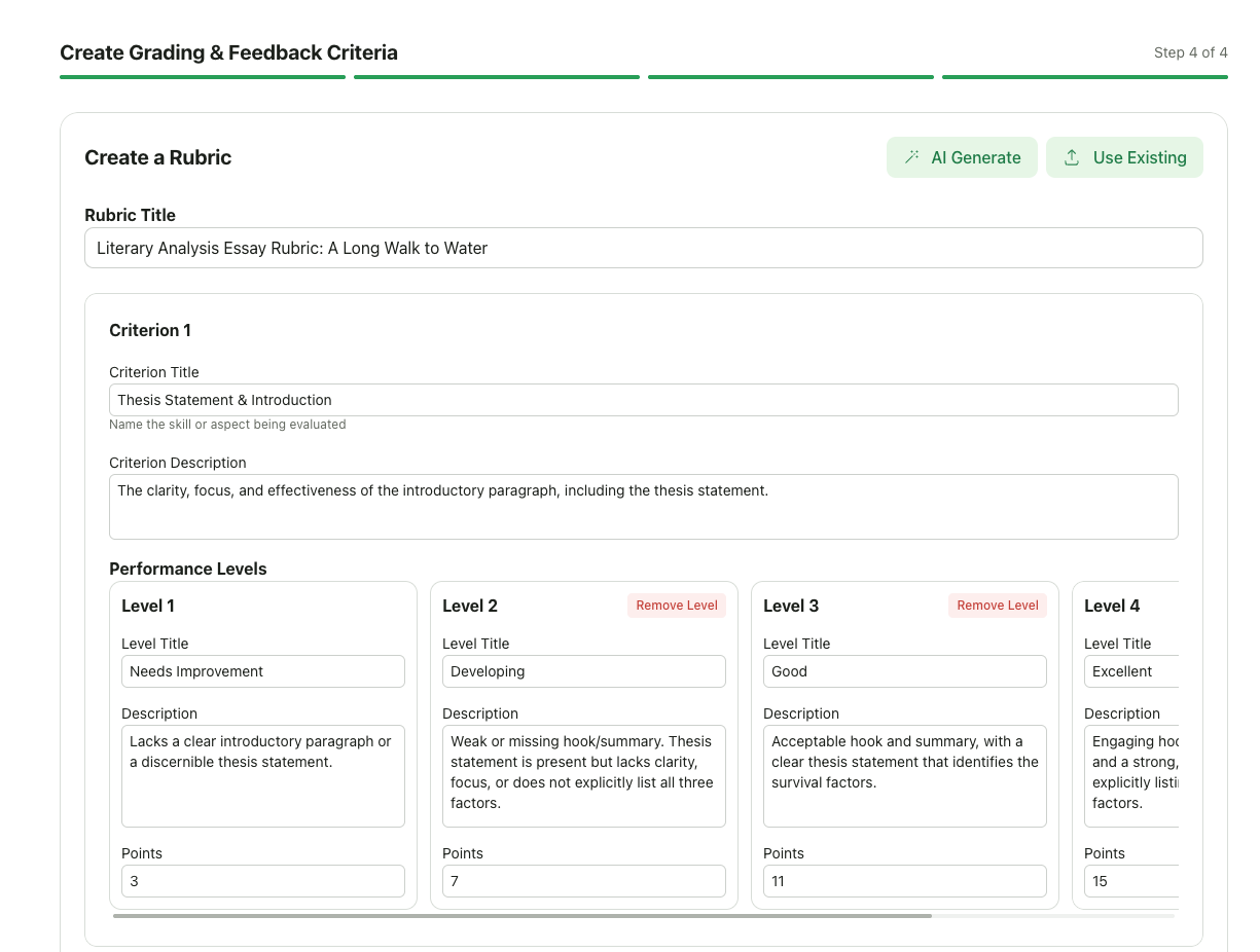 Screenshot showing form for rubric