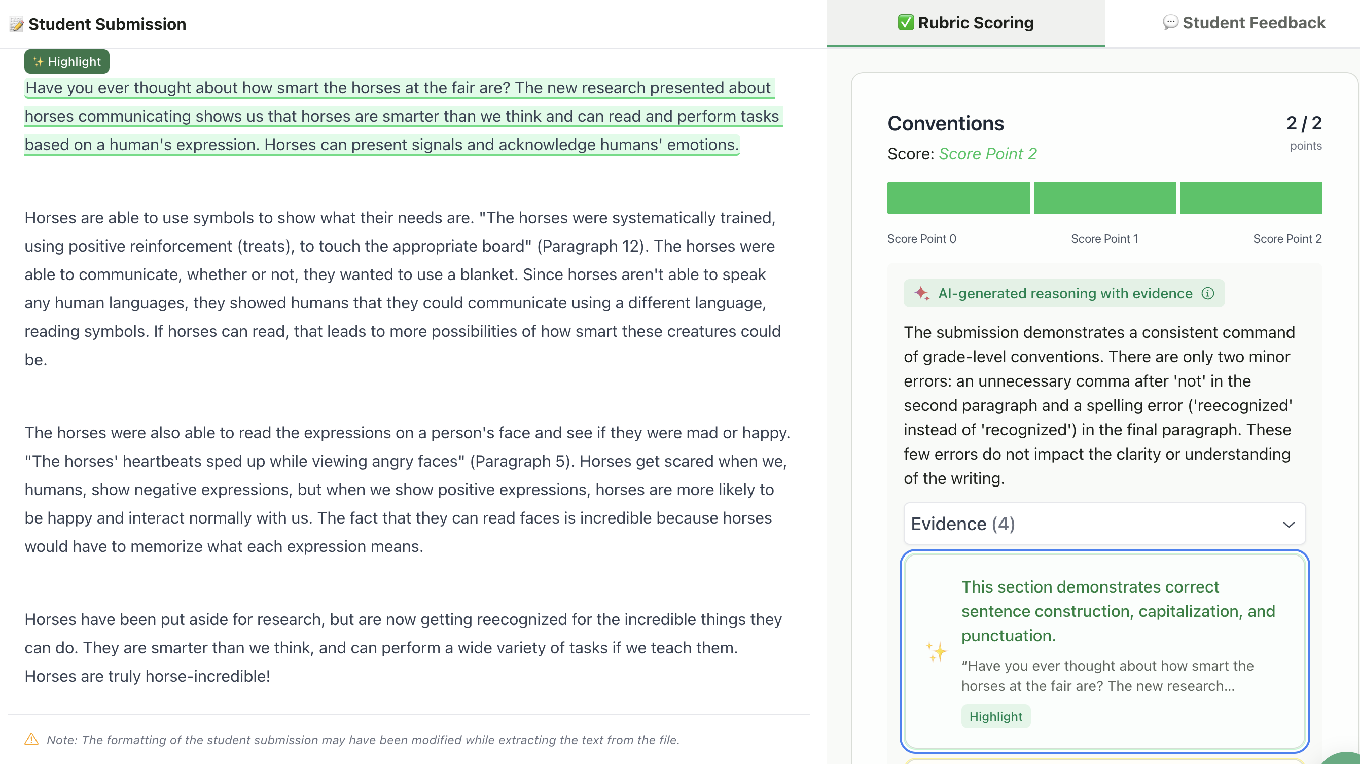 Screenshot showing rubric scoring with evidence