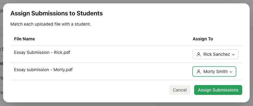 Screenshot mapping each file upload to corresponding student