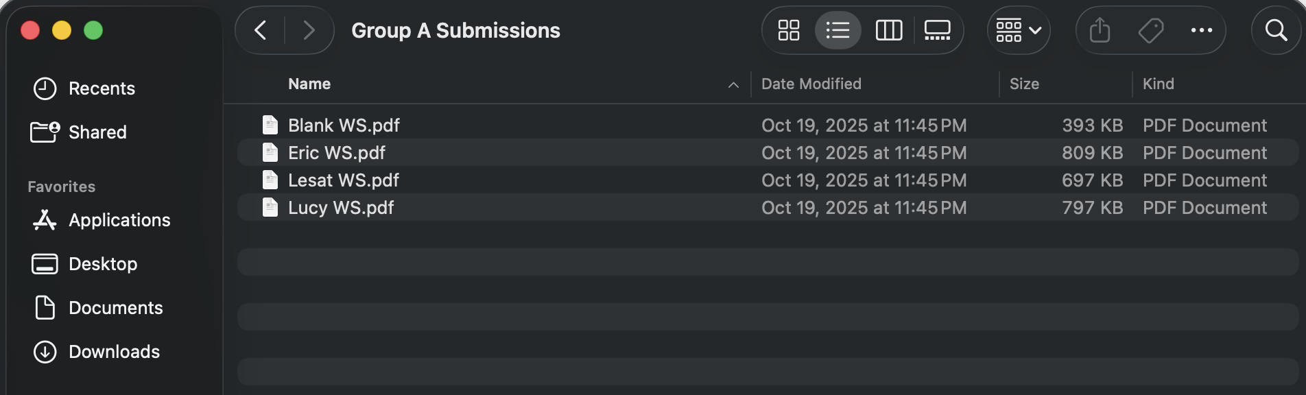 Screenshot showing student submissions in a folder