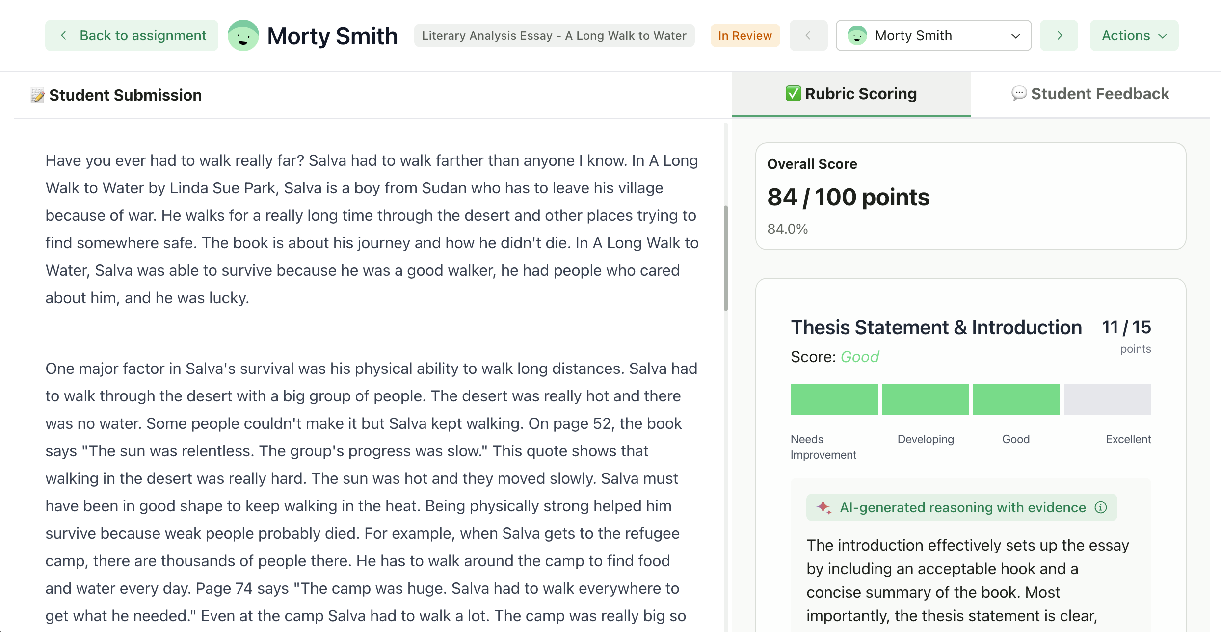 Screenshot showing rubric scoring by the AI