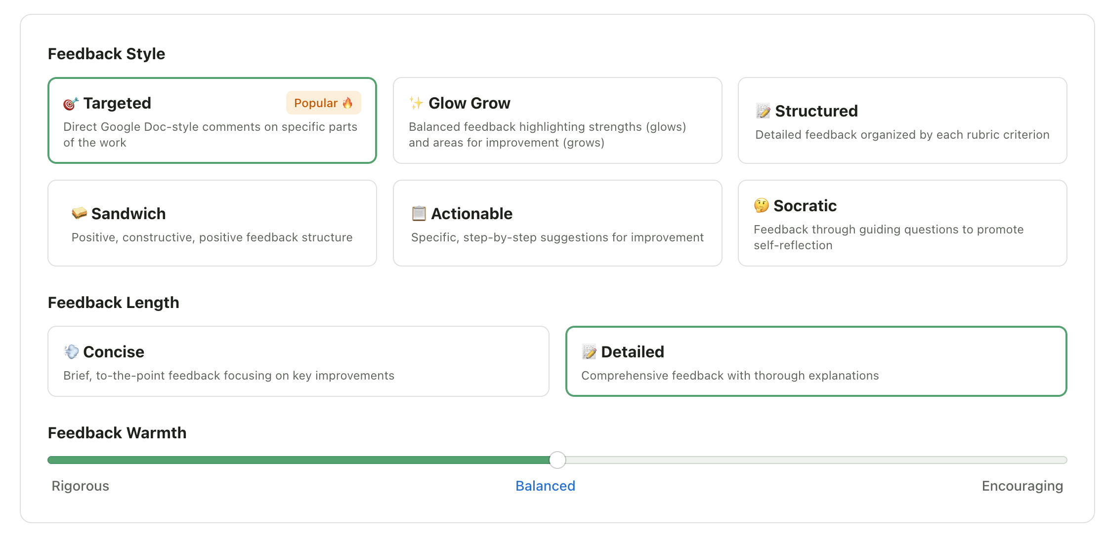 Feedback settings panel with all options