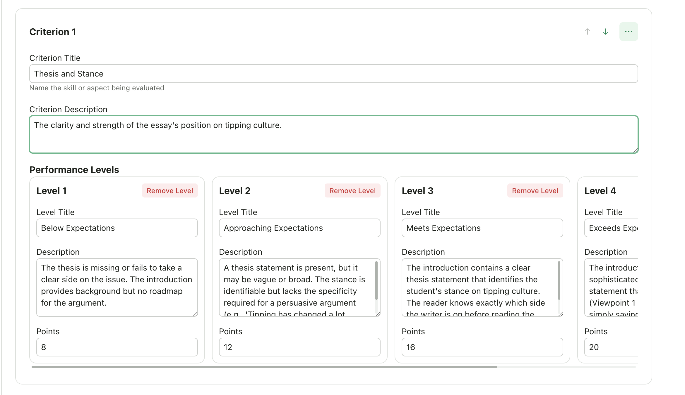 Manual rubric editor with criteria and levels