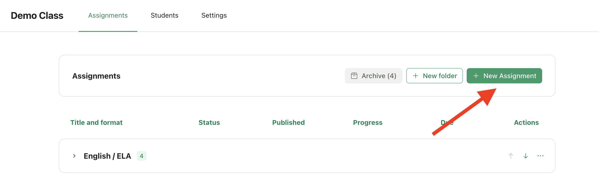 New Assignment button on class page