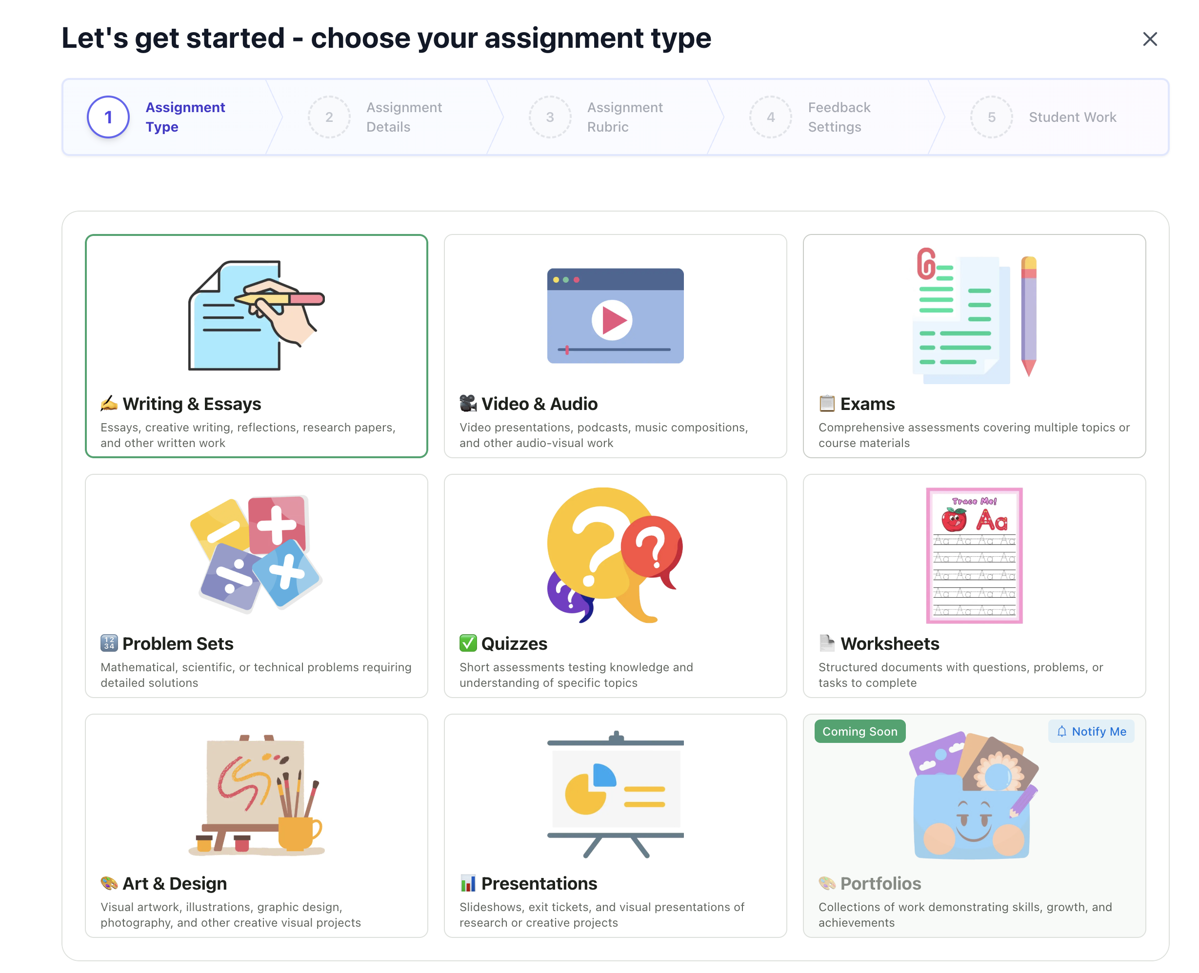 Assignment type selection grid