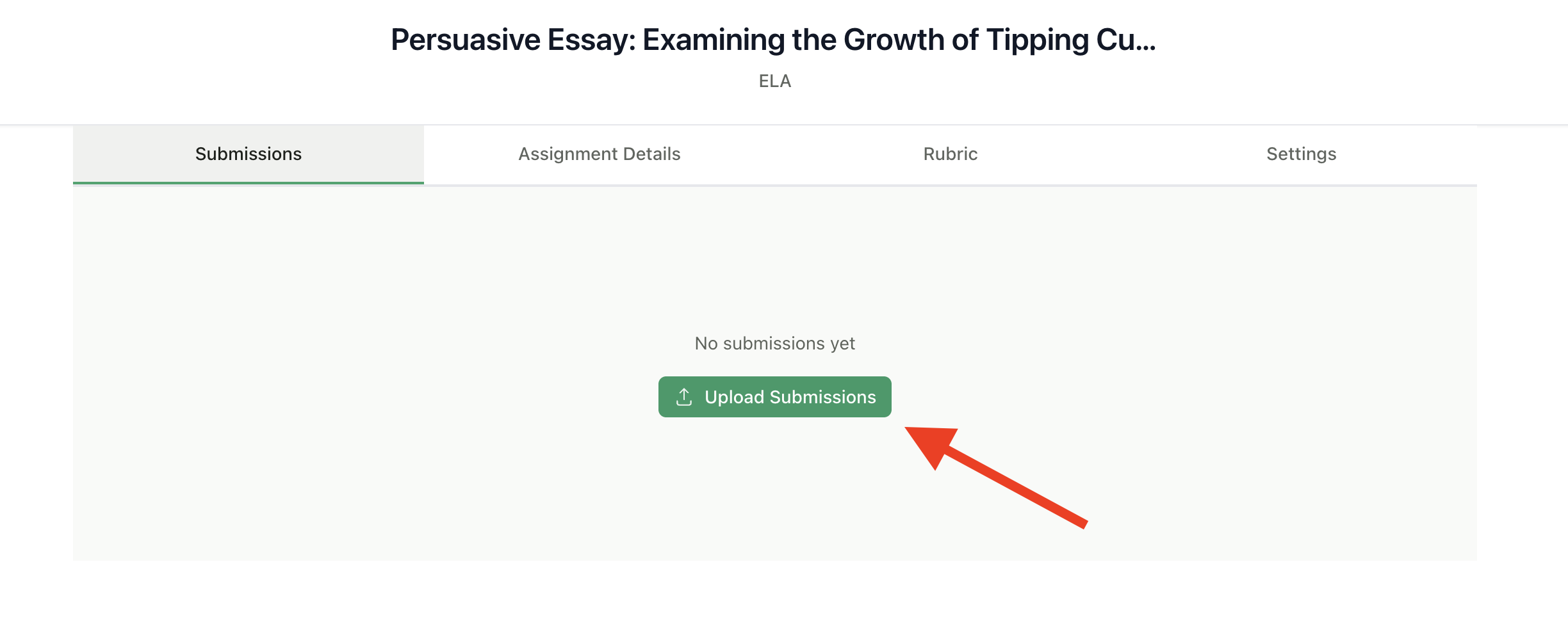 Upload Submissions button on assignment page