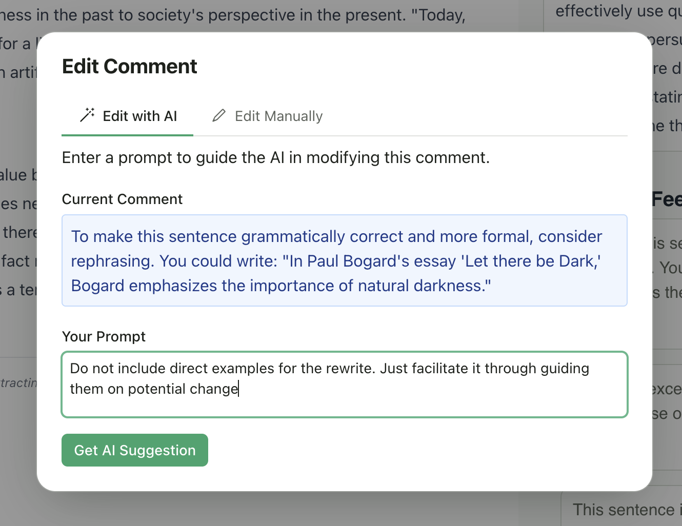 AI feedback editing with prompt and draft