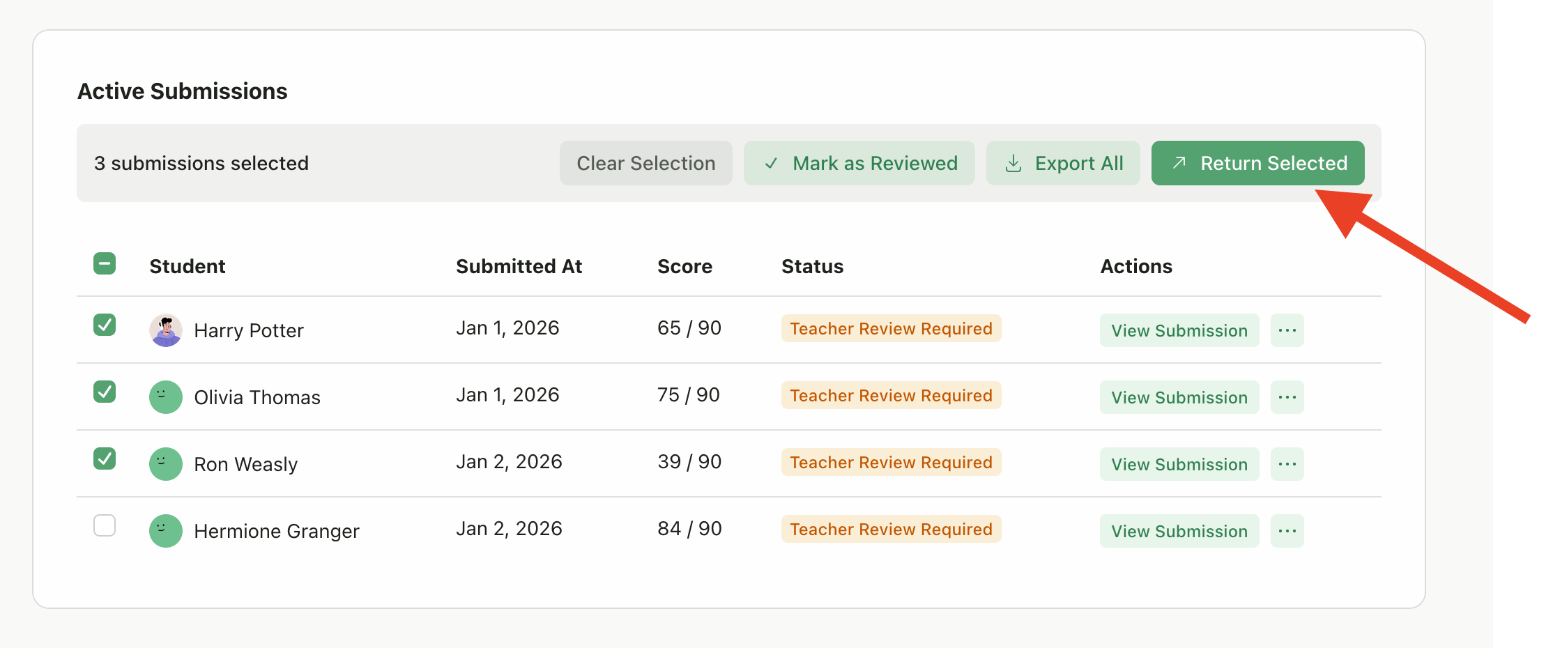 Bulk actions on submissions