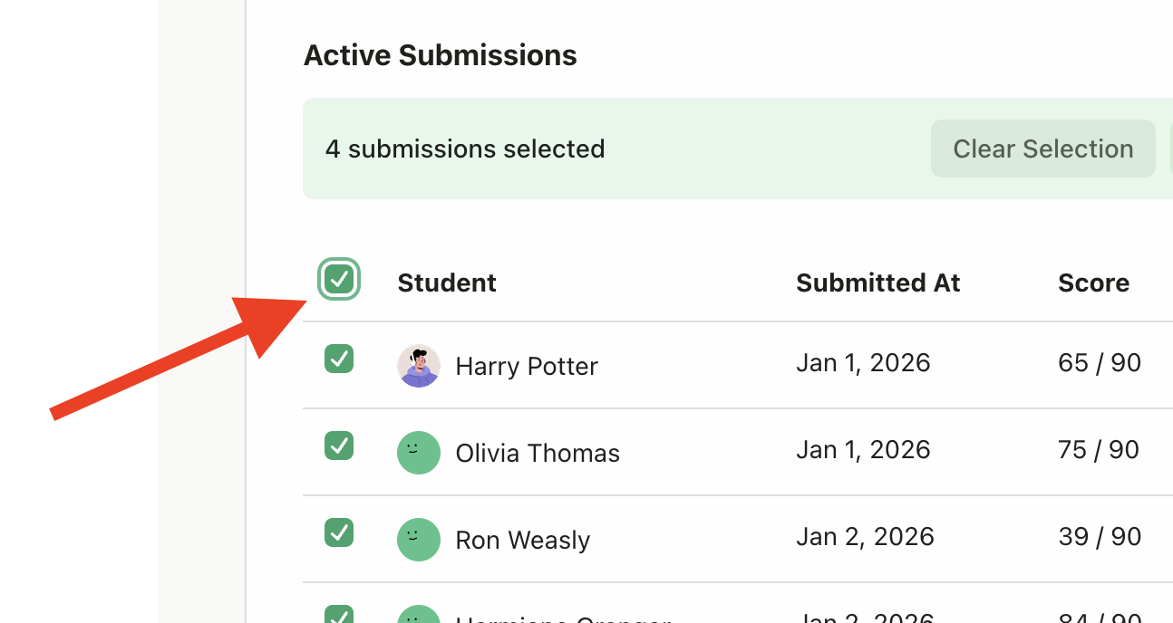 Selecting multiple submissions for bulk return