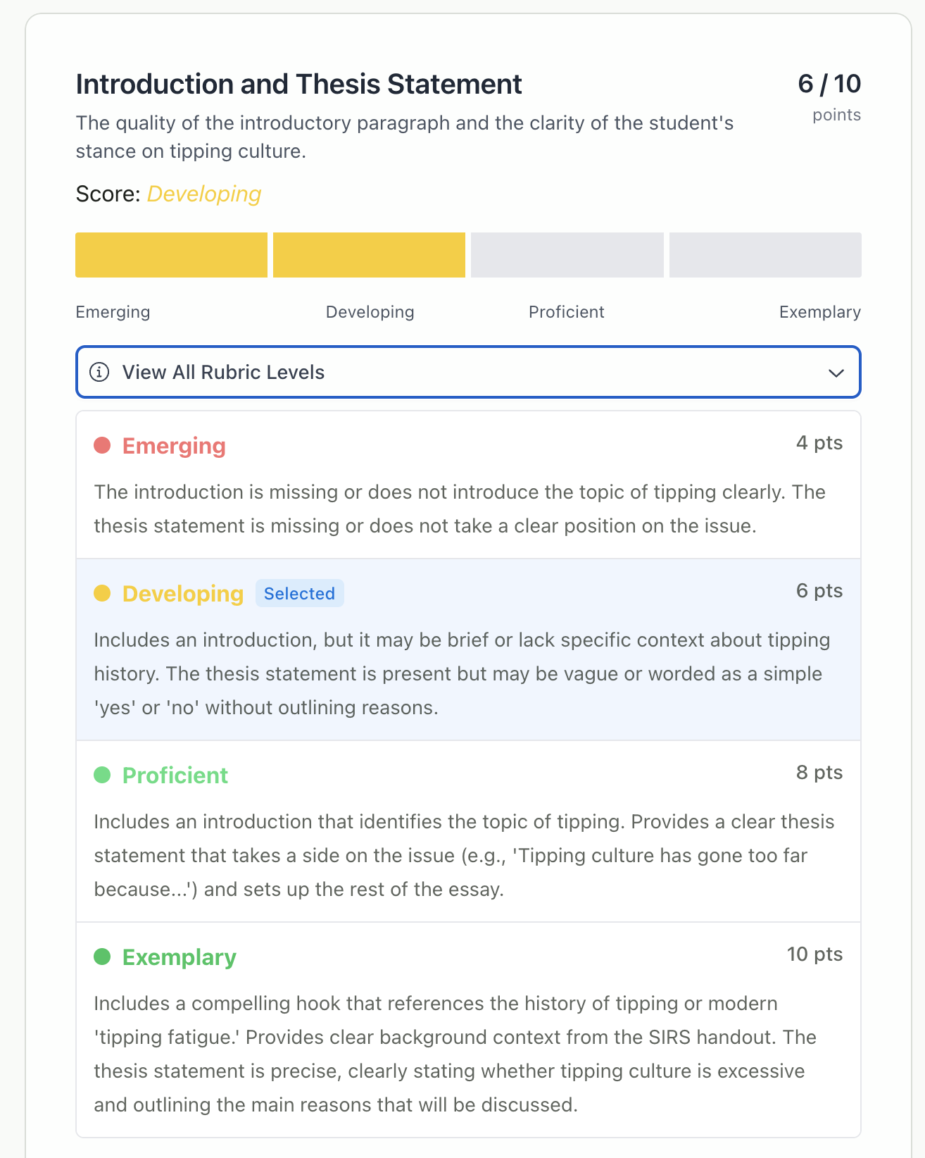 Criterion scores with level indicators