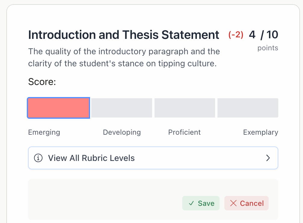Editing criterion score by selecting different level