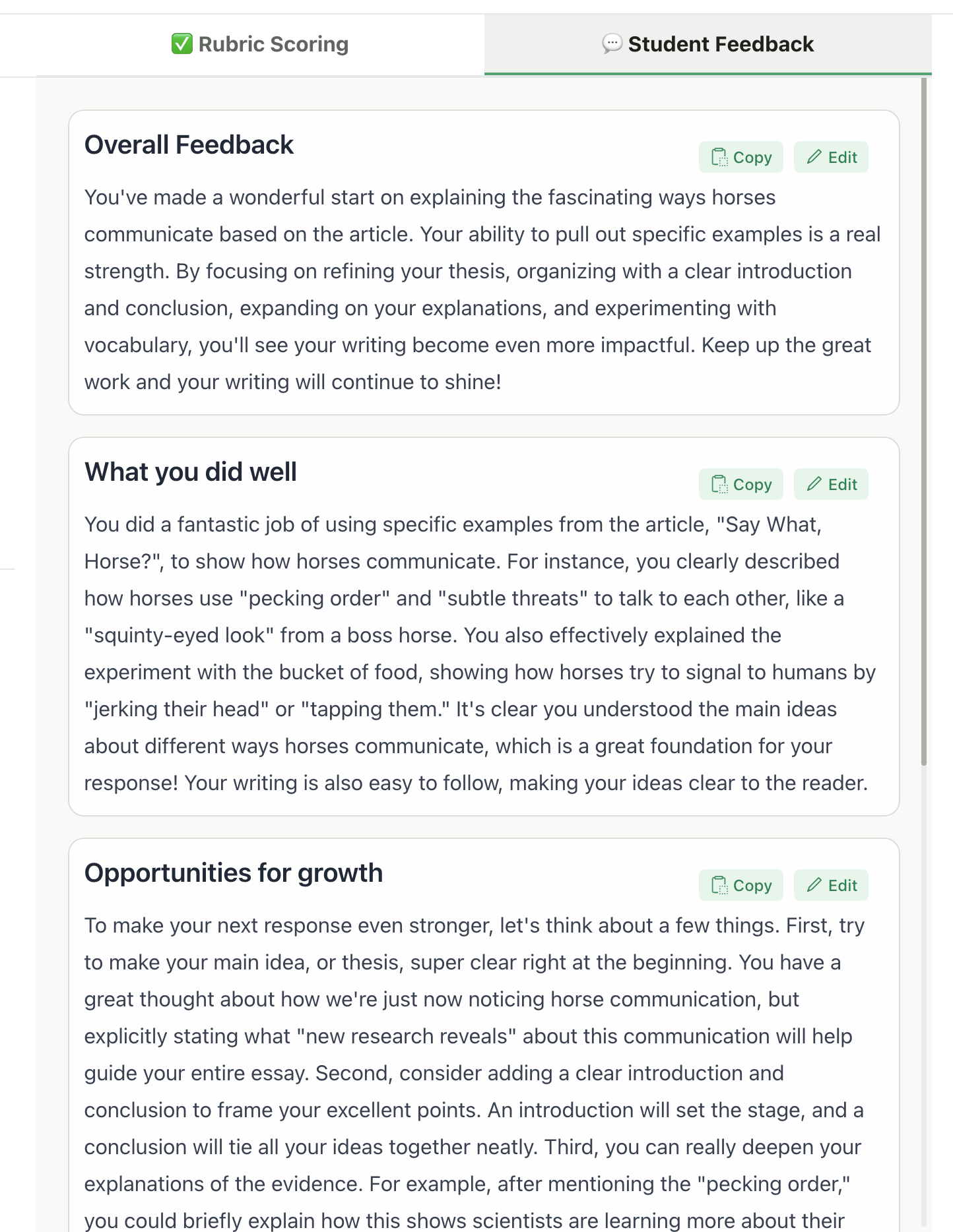 Feedback sections for Glow & Grow style