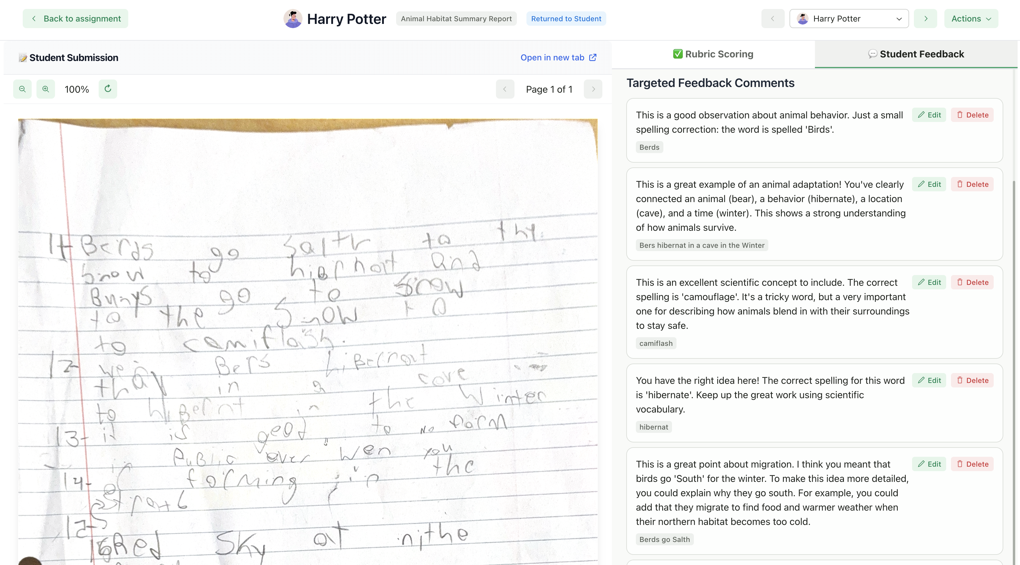 Targeted feedback list for handwritten submission