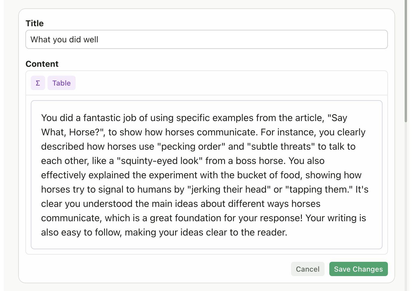 Manual feedback editing form