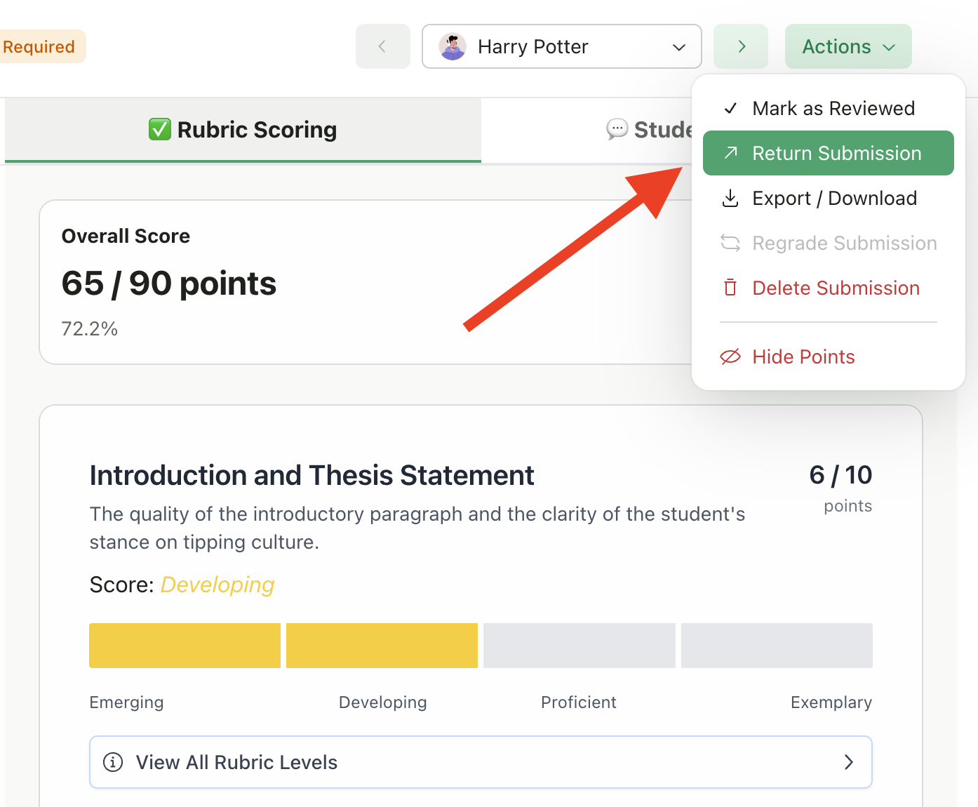 Return Submission in actions menu