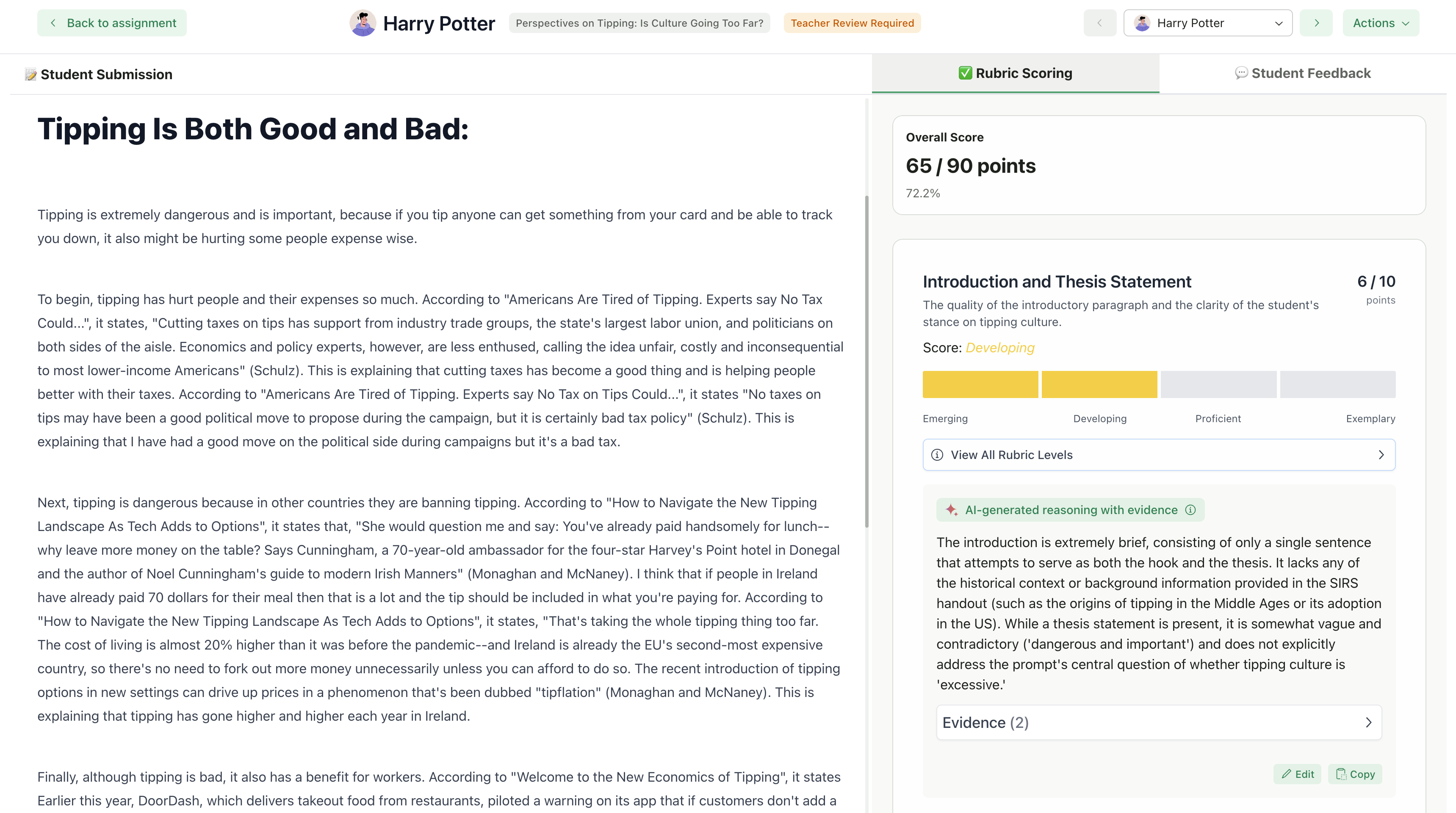Full submission review interface for writing assignment