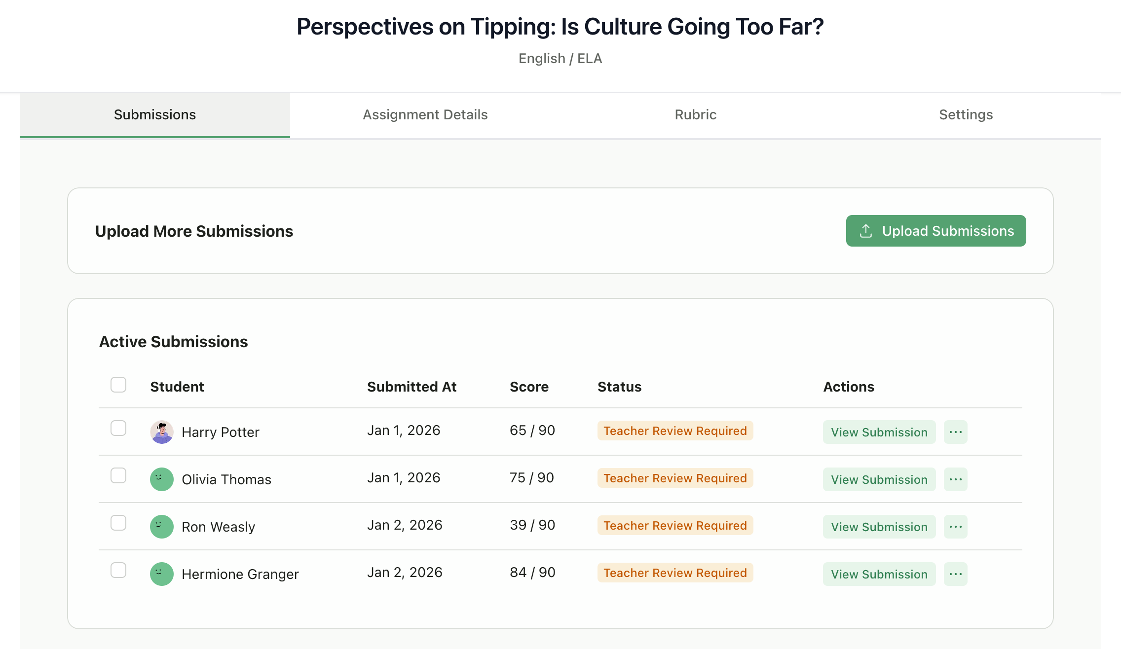 Submissions tab on assignment page