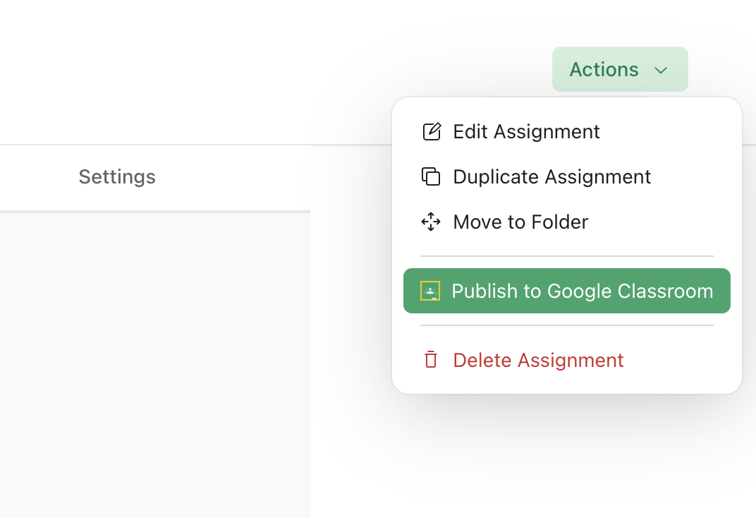 Actions menu with Publish to Google Classroom option