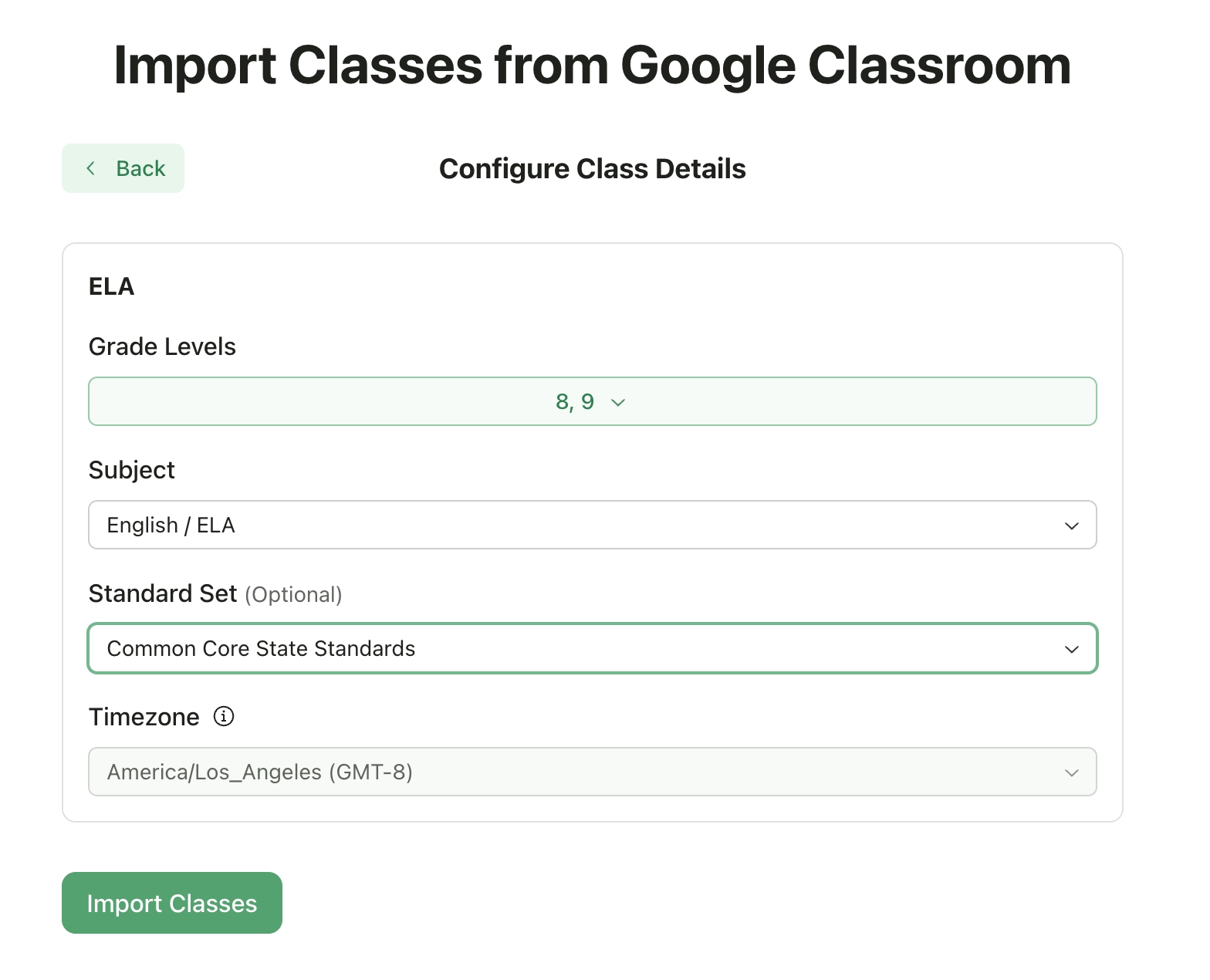 Class configuration form