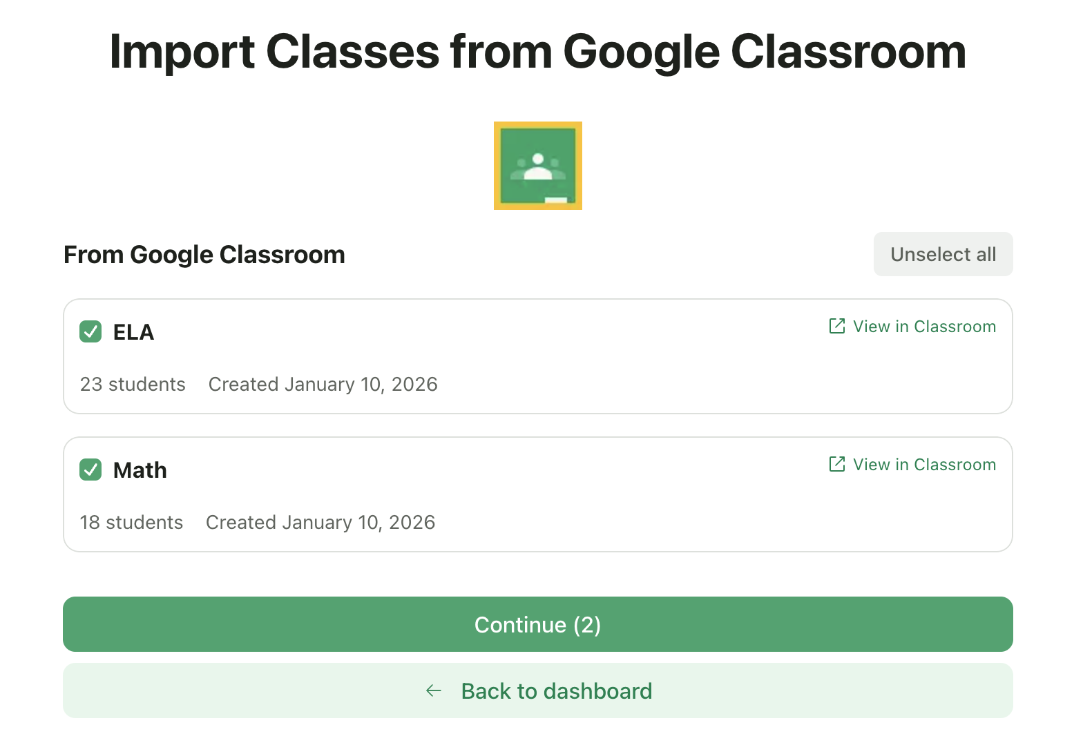 Class selection interface with checkboxes
