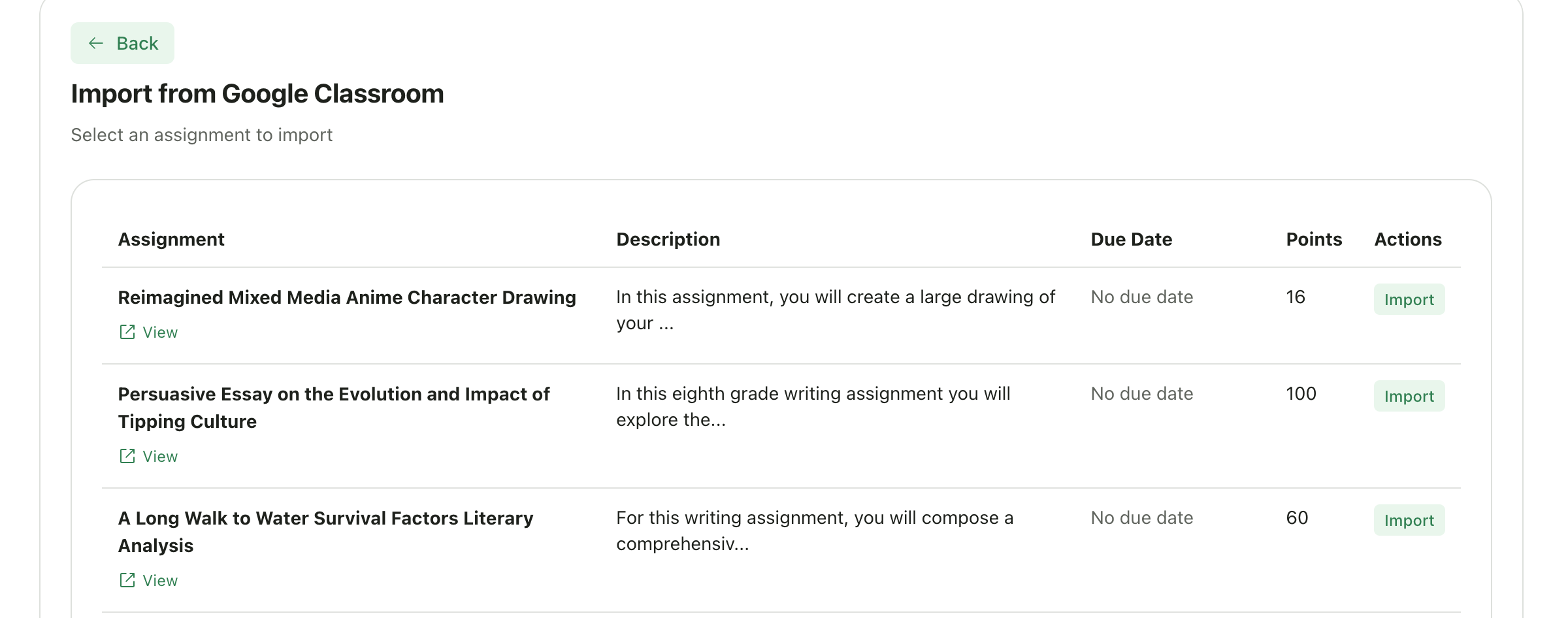 Google Classroom assignments list for import