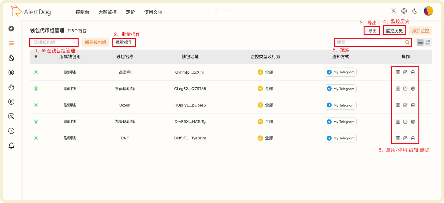 Solana address monitoring list and management function interface