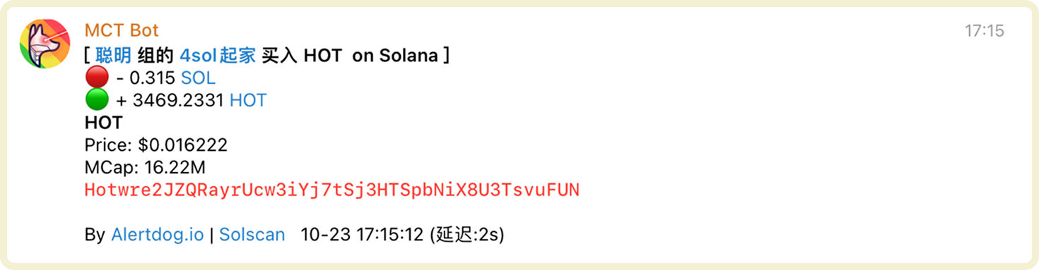 Example notification message after Solana address monitoring triggers