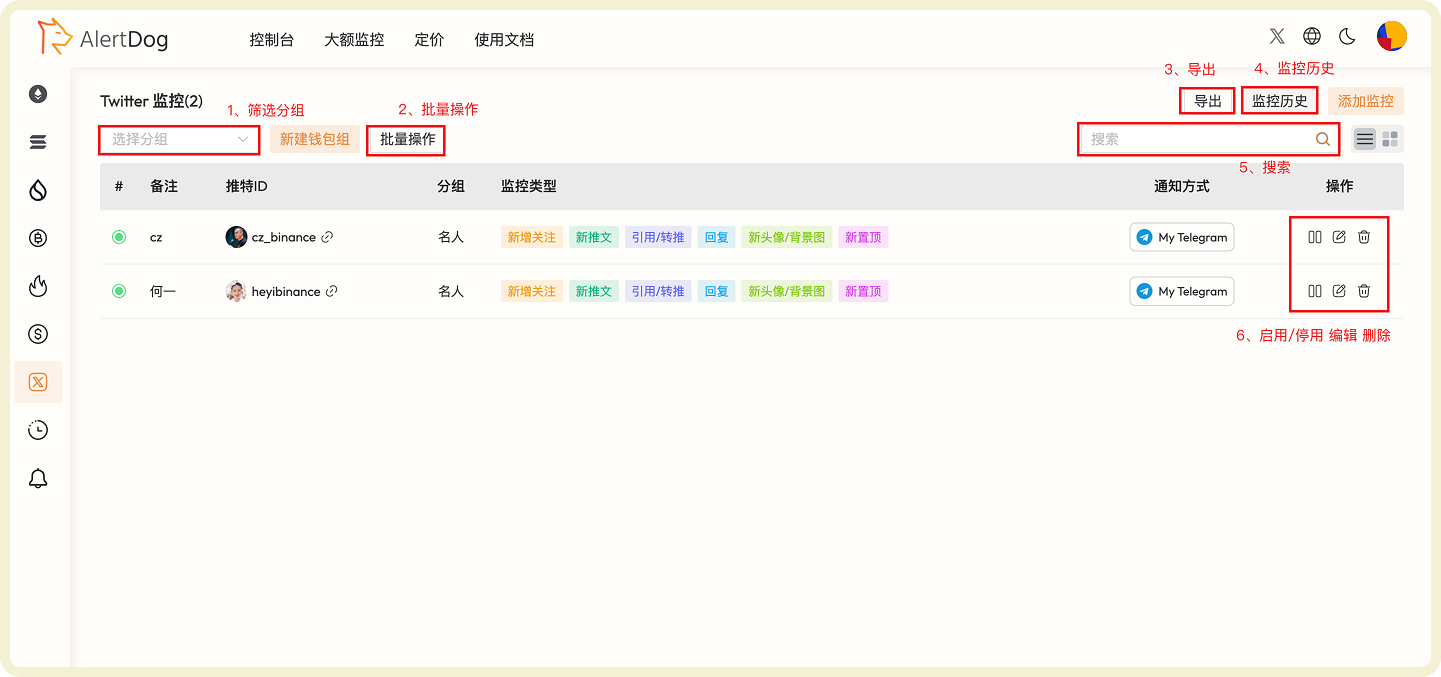 推特监控列表和管理功能界面
