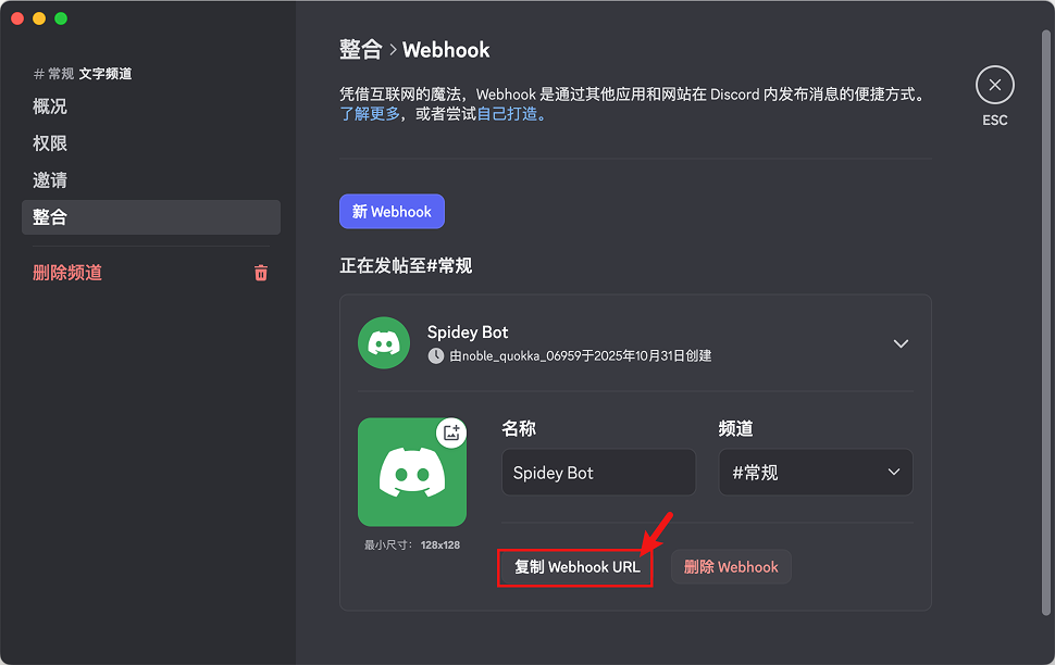 复制 Discord Webhook URL