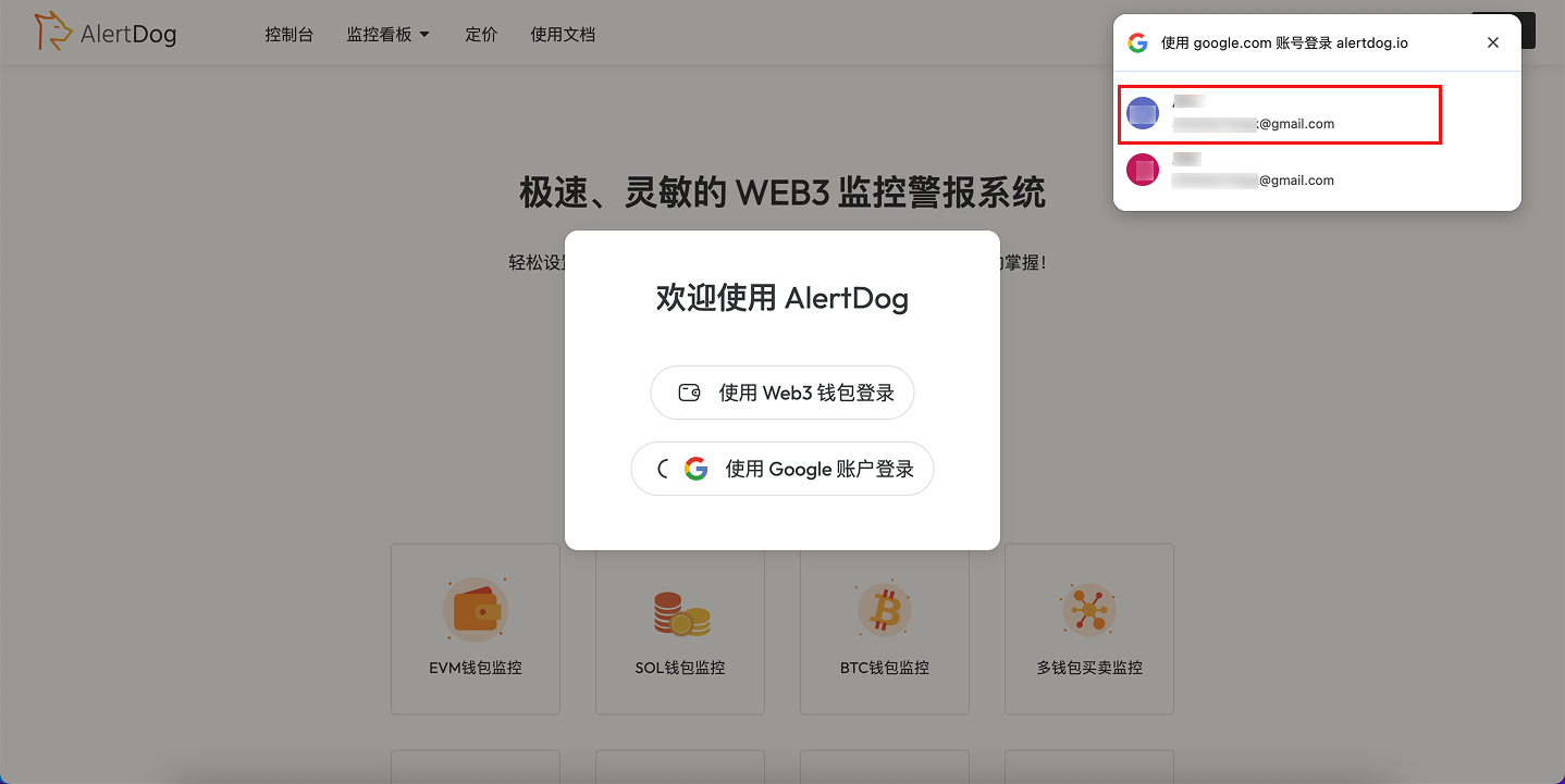 Google 账号授权页面,选择要使用的账号