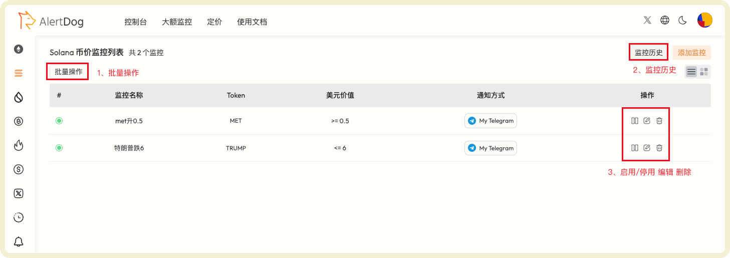 代币监控列表和管理功能界面