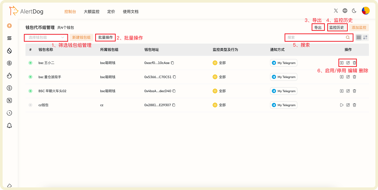 BTC 地址监控列表和管理功能界面