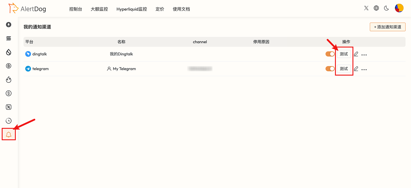 Notification channel management page showing test button location