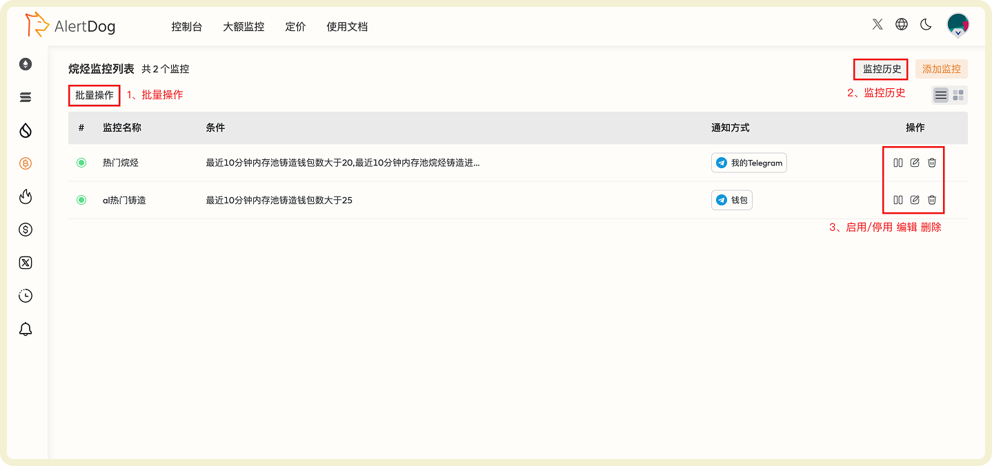 烷烃监控列表和管理功能界面