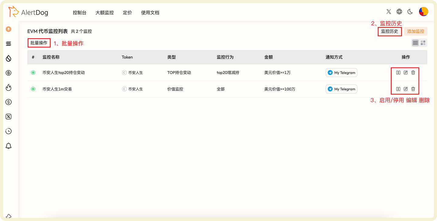 代币监控列表和管理功能界面