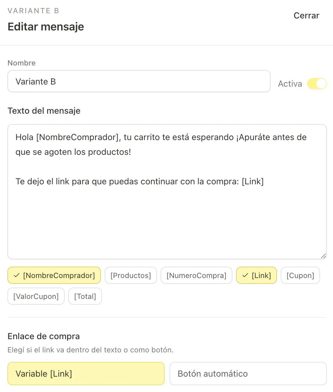 Editor de una variante de mensaje con variables y enlace de compra