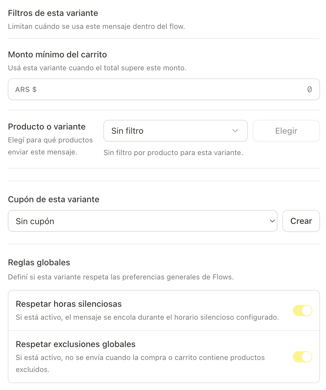 Filtros de una variante con monto mínimo, producto, cupón y reglas globales