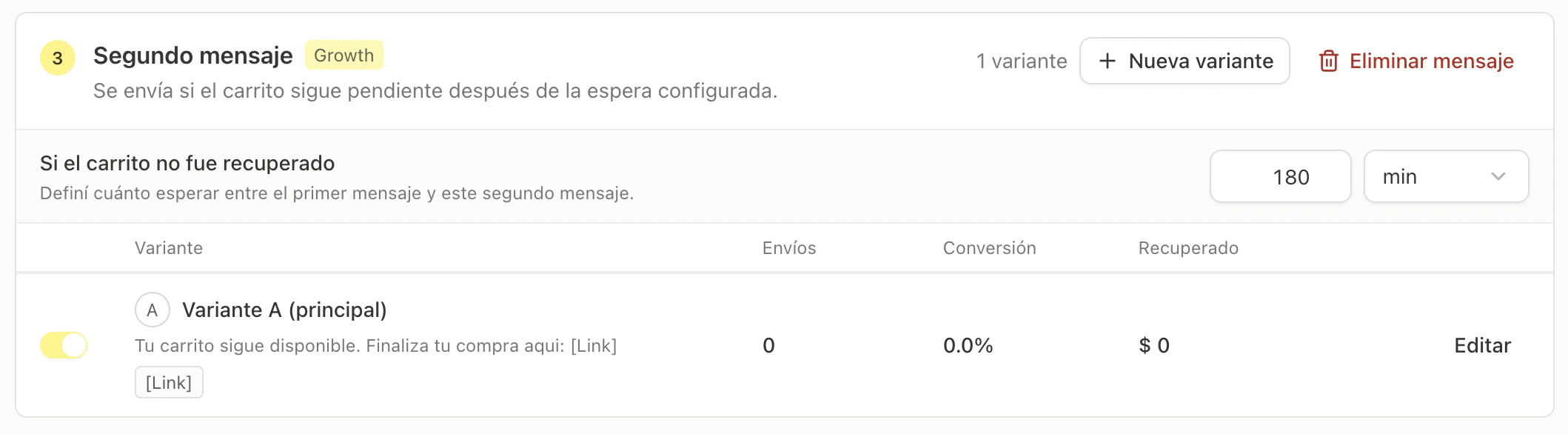 Segundo mensaje con espera configurada, variante activa y botón Nueva variante
