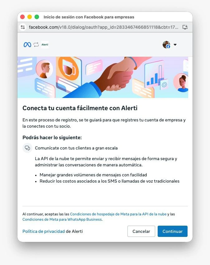 Pantalla inicial de conexión de Meta para conectar la cuenta de WhatsApp Business con Alerti