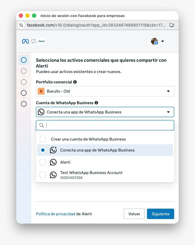 Selector de activos comerciales de Meta para elegir la cuenta de WhatsApp Business