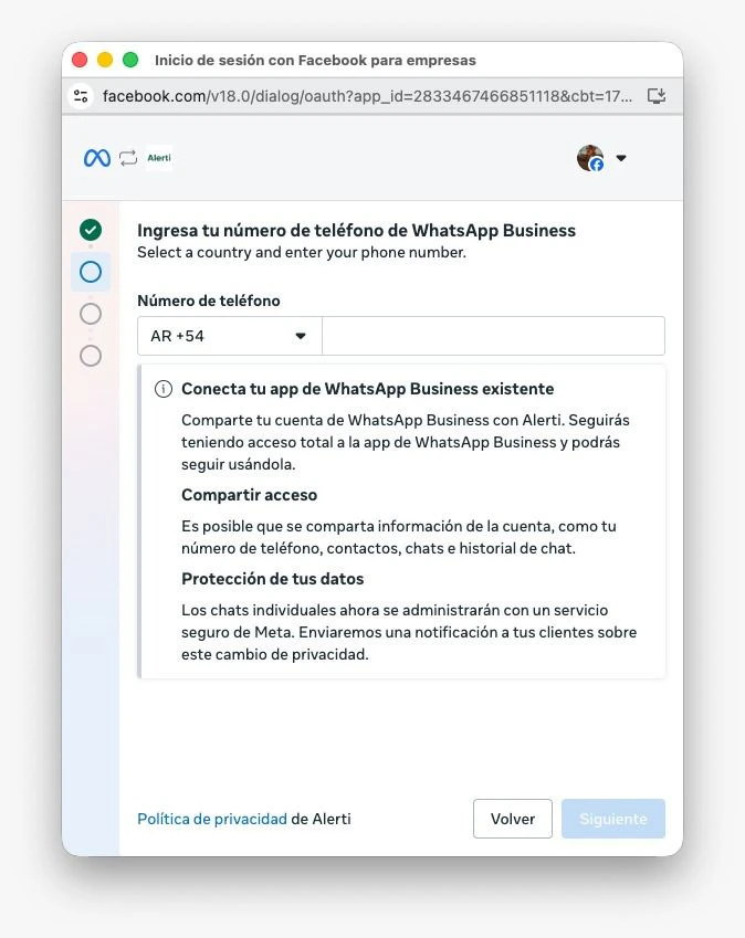Pantalla de Meta para ingresar el número de teléfono de WhatsApp Business